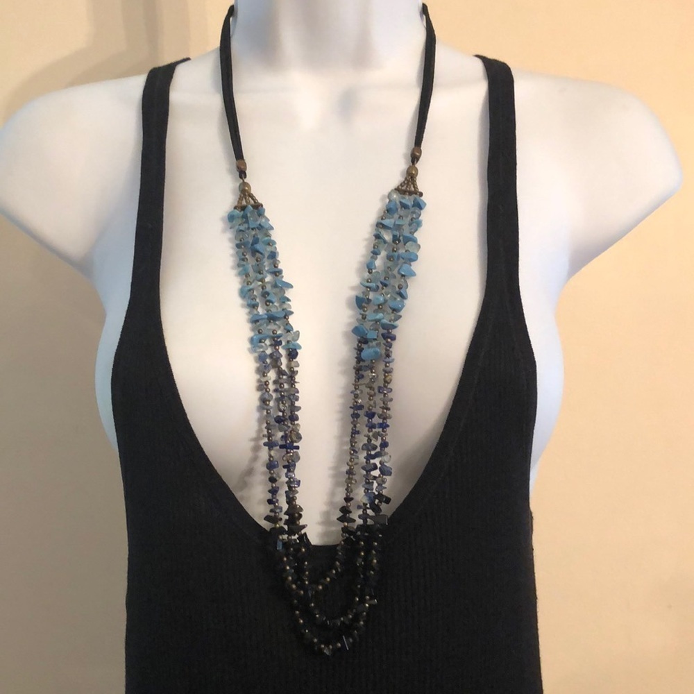 Artisan style suede cord necklaces with gemstone beads/chips multilayer boho.